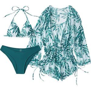 NEW Women's 3 Piece Swimsuit Leaf Print Side Bikini Set with Cover Up